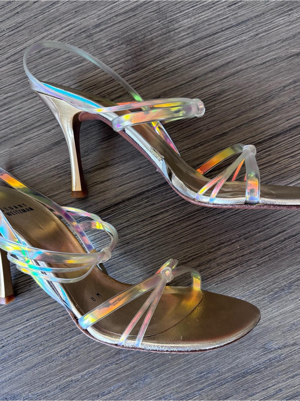 Stuart Weitzman Iridescent Clear Multi-Color Strappy High Heels